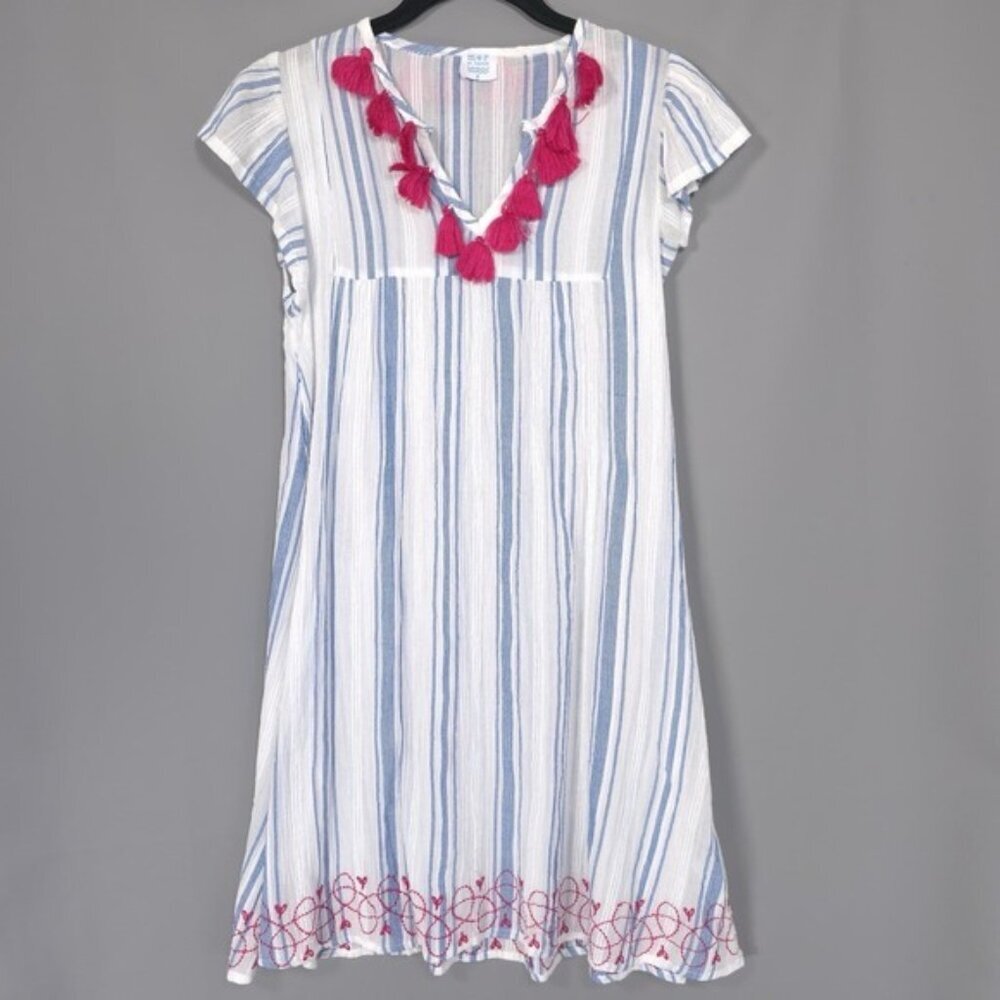 mer st. barth Dress Women's SMALL Tasseled Embroidered A-Line Striped Blue White